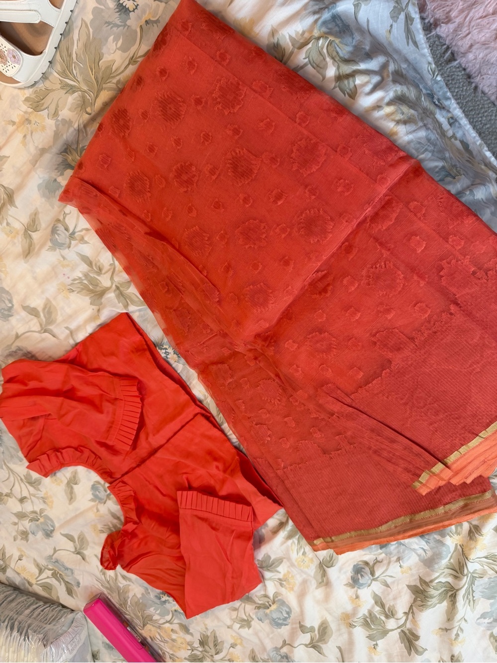 Bright orange  Textured Saree with Matching Blouse new